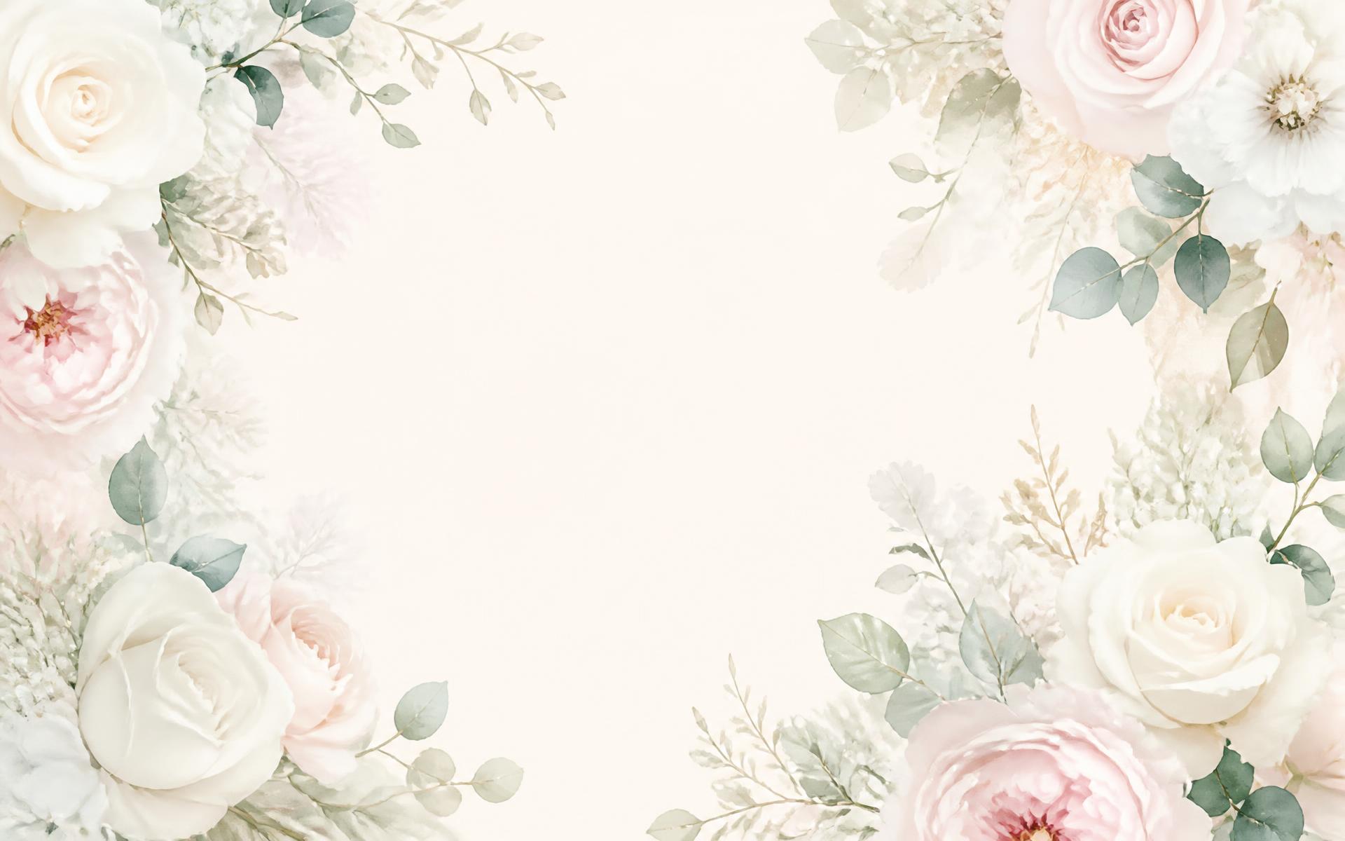 Watercolour arrangement of ivory roses, blush peonies and eucalyptus